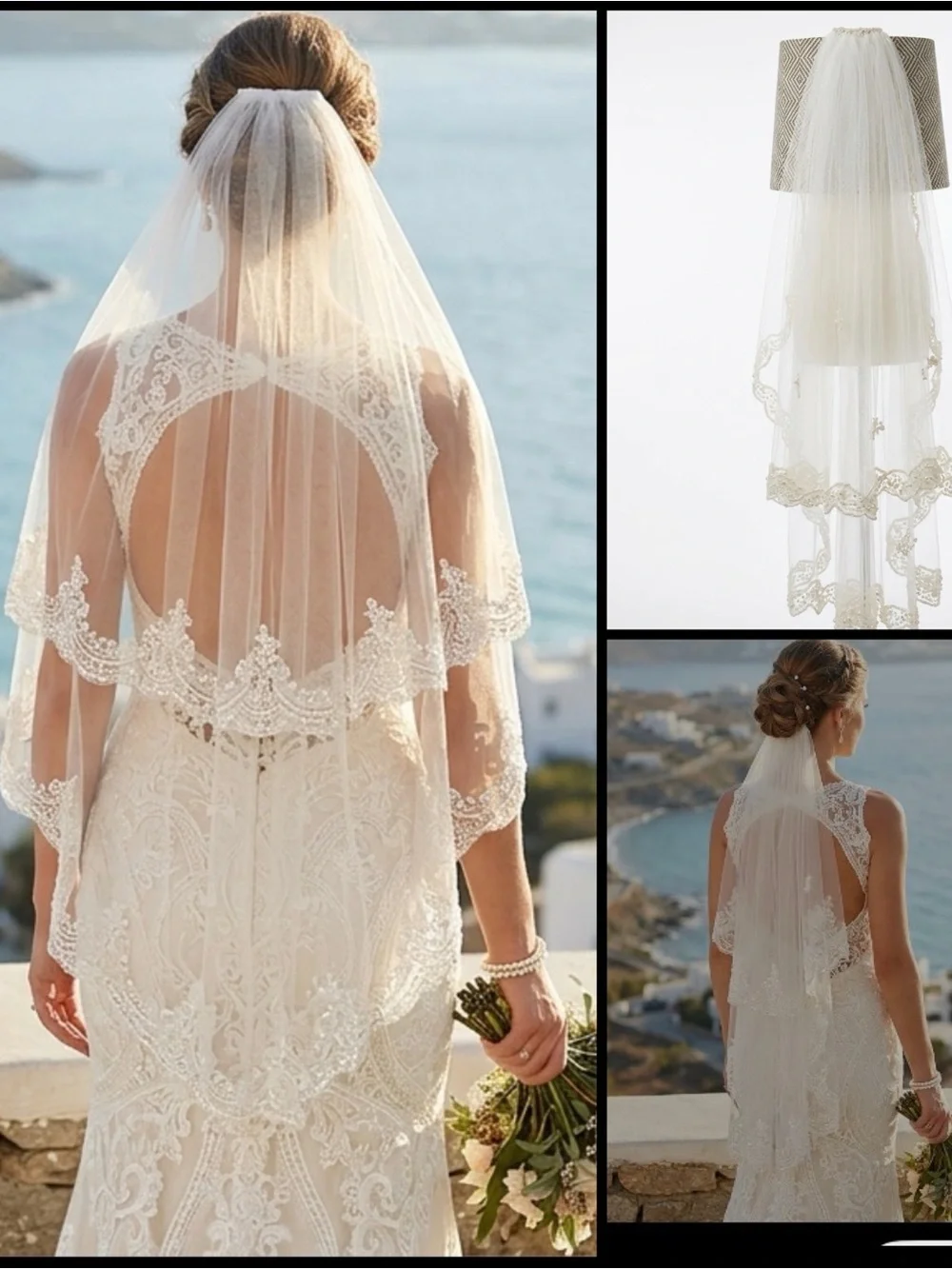 Ivory 2 Tiered Pearl Lace-Edged Appliqué Scalloped 35”L Comb Wedding Bridal Veil